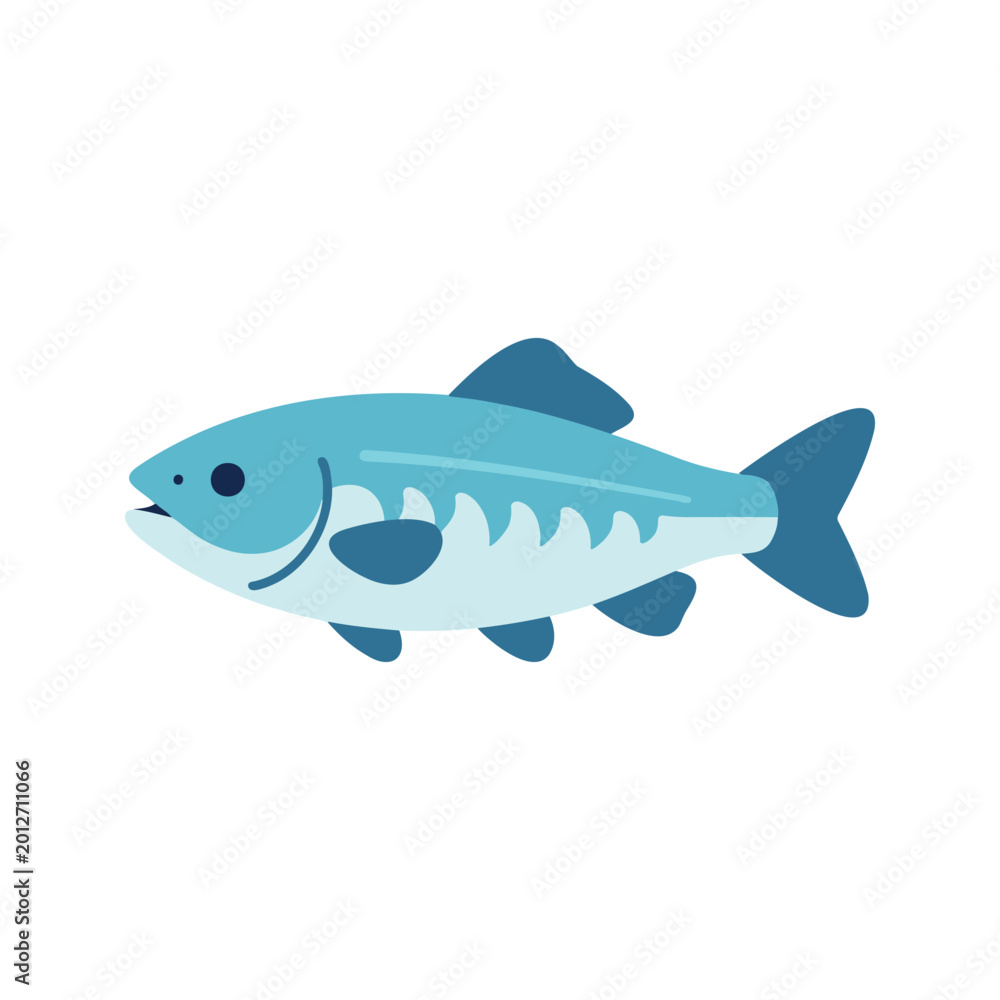 Fototapeta premium Illustration shows fish with fins and tail in light blue color scheme, isolated on white, in a simple, flat design.