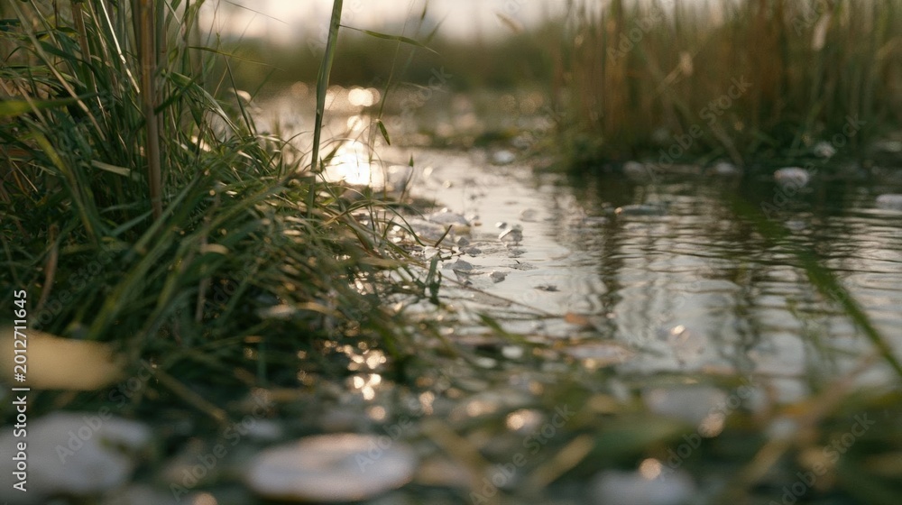 Fototapeta premium Close-up of a small puddle of water in a grassy area. the water is still and reflects the sunlight, creating a mirror-like effect on the surface.