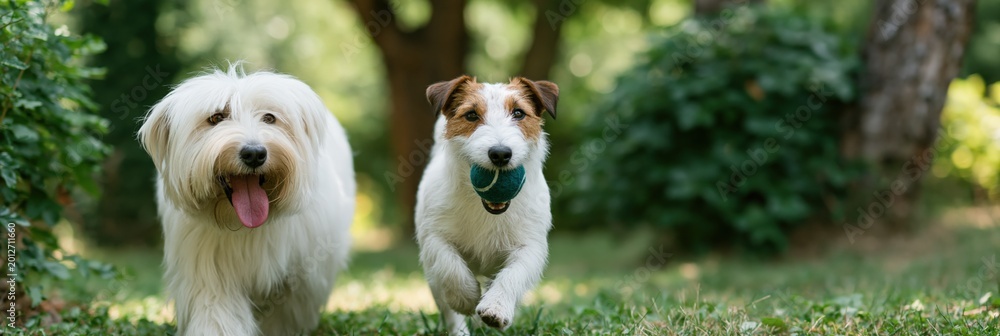 Fototapeta premium Two dogs running with ball through green park trail