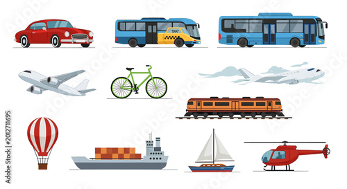Bild auf Leinwand A diverse collection of transportation vehicles and modes, including cars, buses, airplanes, bicycles, trains, hot air balloons, ships, sailboats, and helicopters, illustrating various ways to travel