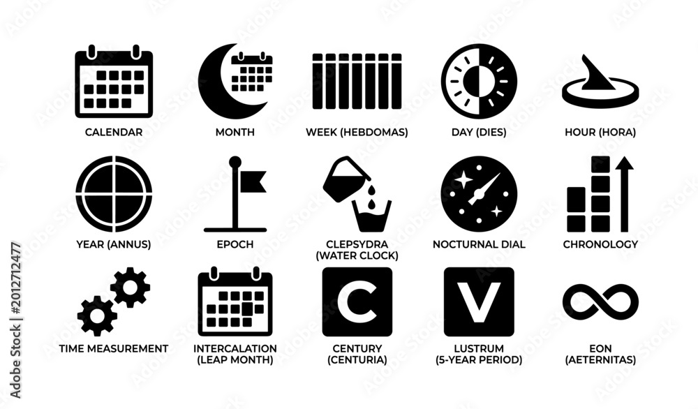 Obraz premium Calendar and time period icons arranged in grid on white background