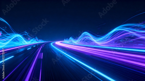 Panoramic futuristic abstract technology background featuring vibrant neon motion trails fast road perspective glowing blue purple energy waves creating immersive cyber digital environment for gaming 
