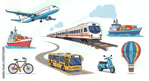 Bild auf Leinwand A vibrant illustration showcasing various modes of transportation including an airplane, train, bus, bicycle, scooter, hot air balloon, and cargo ships