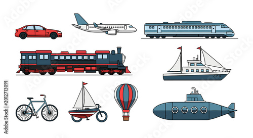 Valokuva A collection of various modes of transportation including cars, airplanes, trains, boats, bicycles, hot air balloons, and submarines