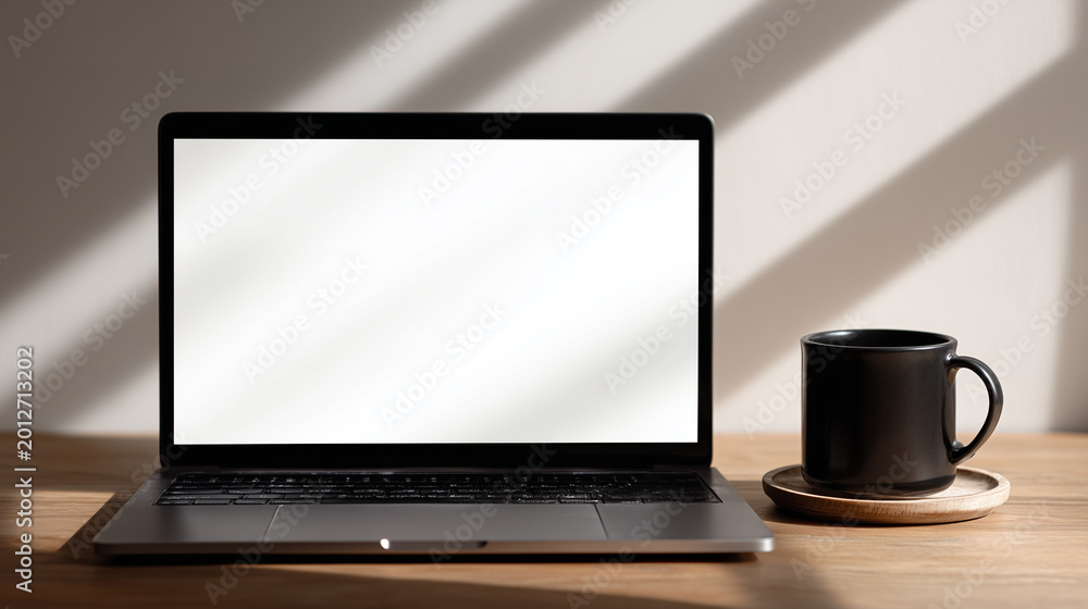 Fototapeta premium A silver portable notebook computer with an open screen and black keyboard sits on an office desktop next to a cup of coffee for business communication
