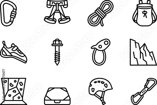Tableau sur toile Climbing gear icons set including carabiner rope shoes helmet and mountain isola