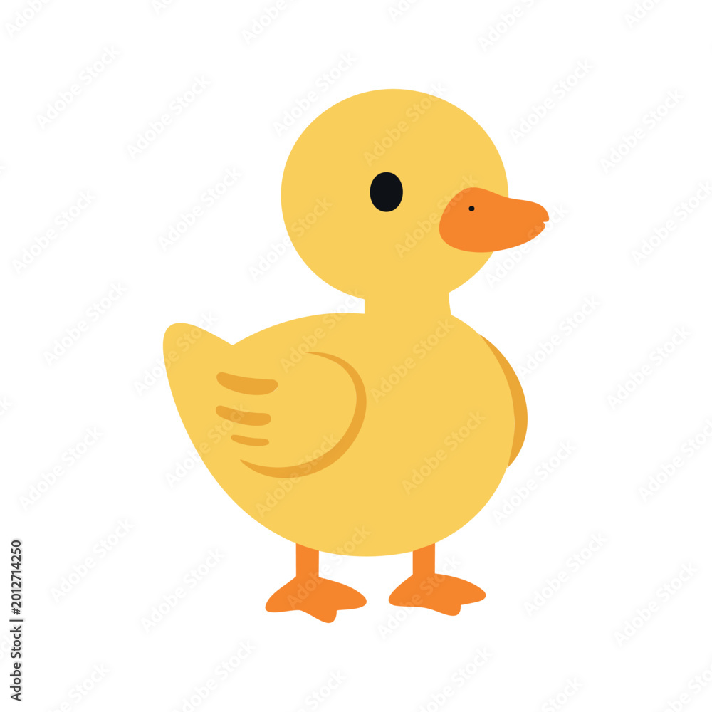 Fototapeta premium Cartoon yellow rubber duck is standing on a white background in a simple illustration style