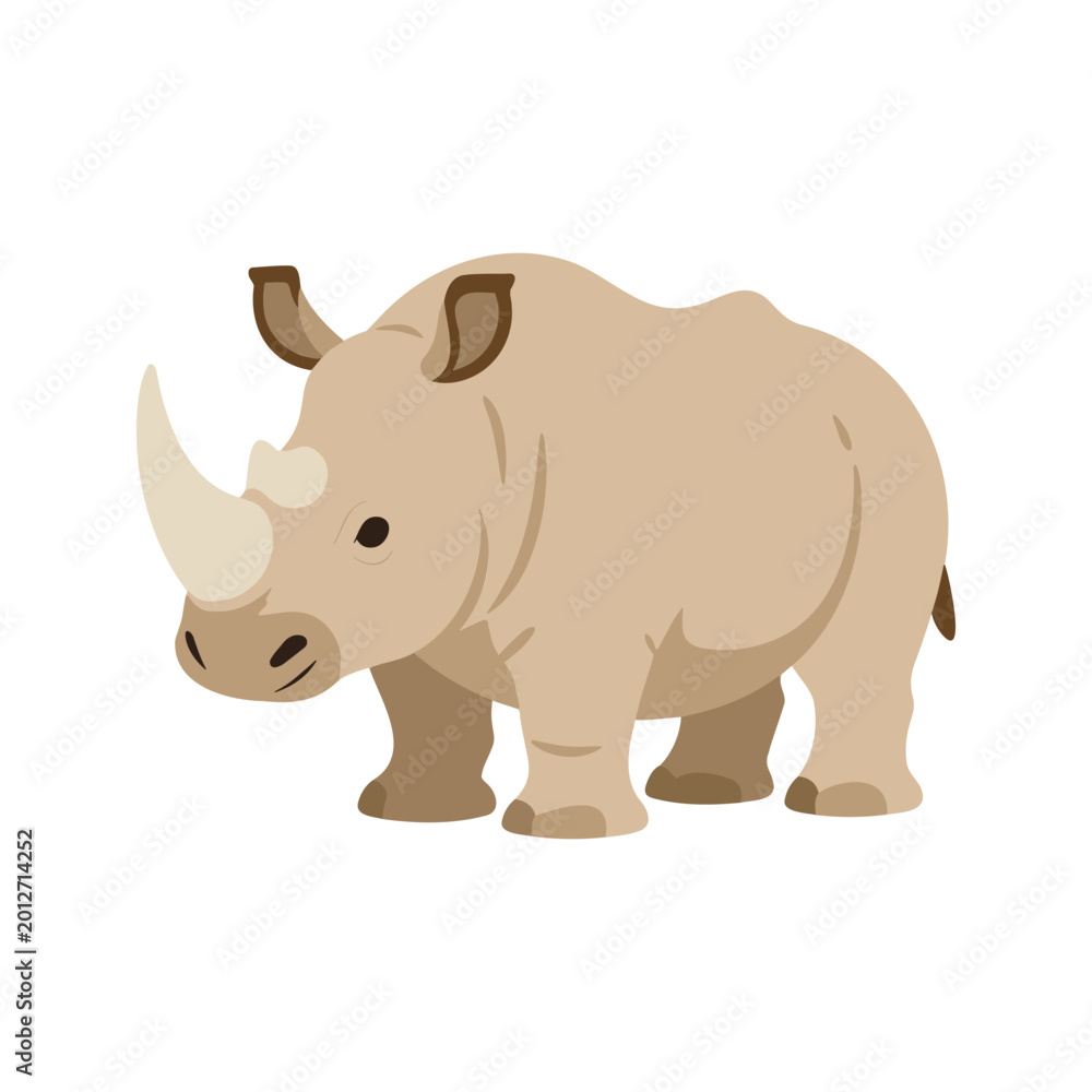 Fototapeta premium Cute rhinoceros stands on a white background, calmly looking ahead with its short legs and thick body