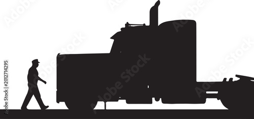 Silhouette of a man walking beside a large semi truck Generative Ai