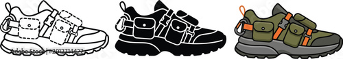 Foto Collection of hiking shoes including outline silhouette and colored versions ide