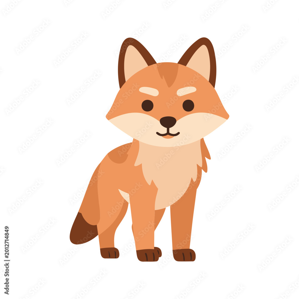 Fototapeta premium Cute cartoon fox stands upright with a friendly expression on a white background