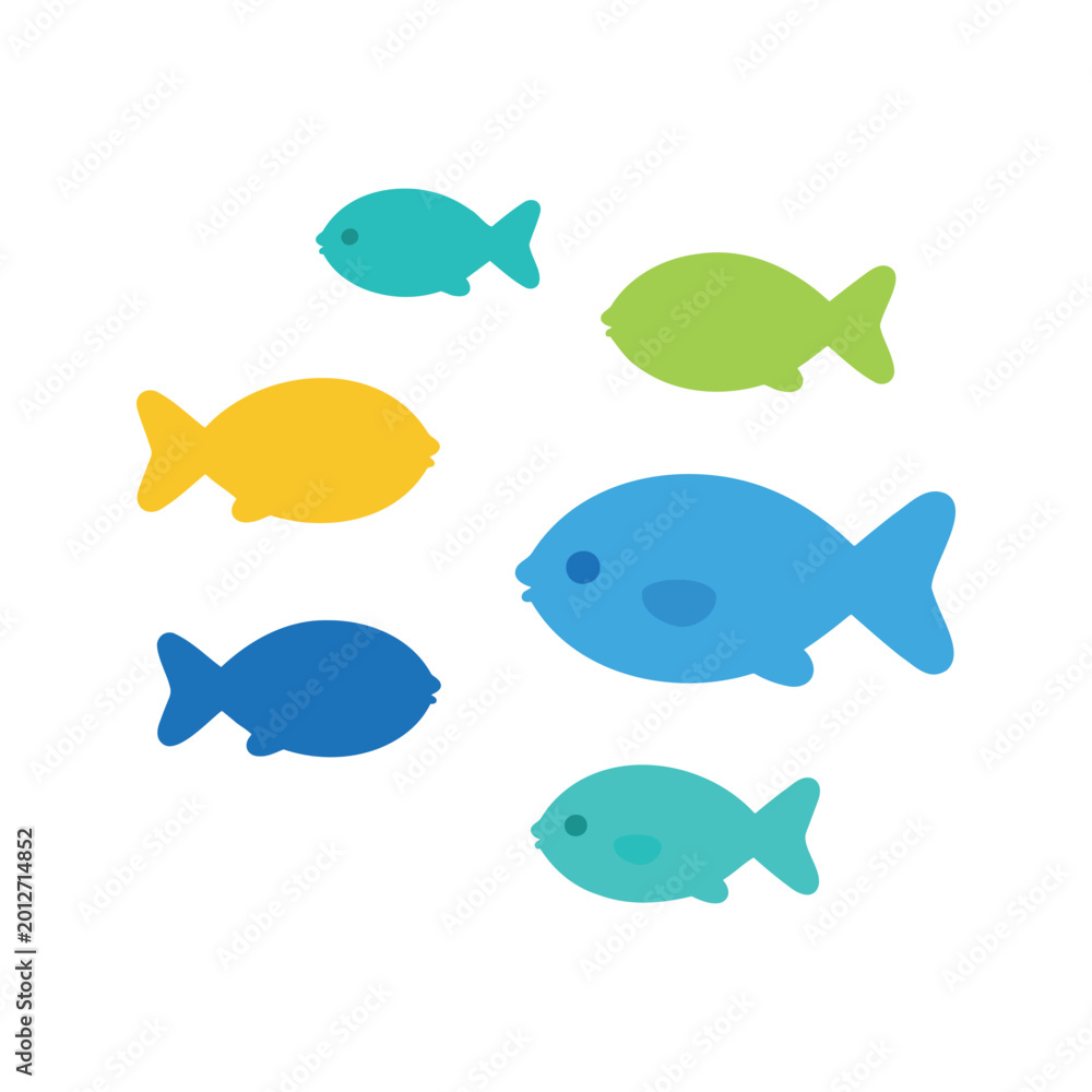 Fototapeta premium Colorful fishes swim together in a simple and playful illustration style