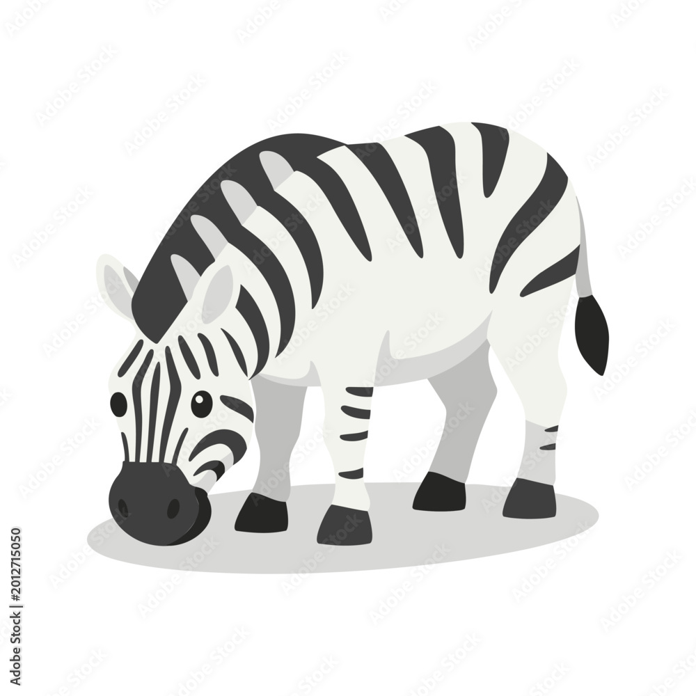 Fototapeta premium Charming zebra grazes with its head down in a minimalist cartoon vector illustration