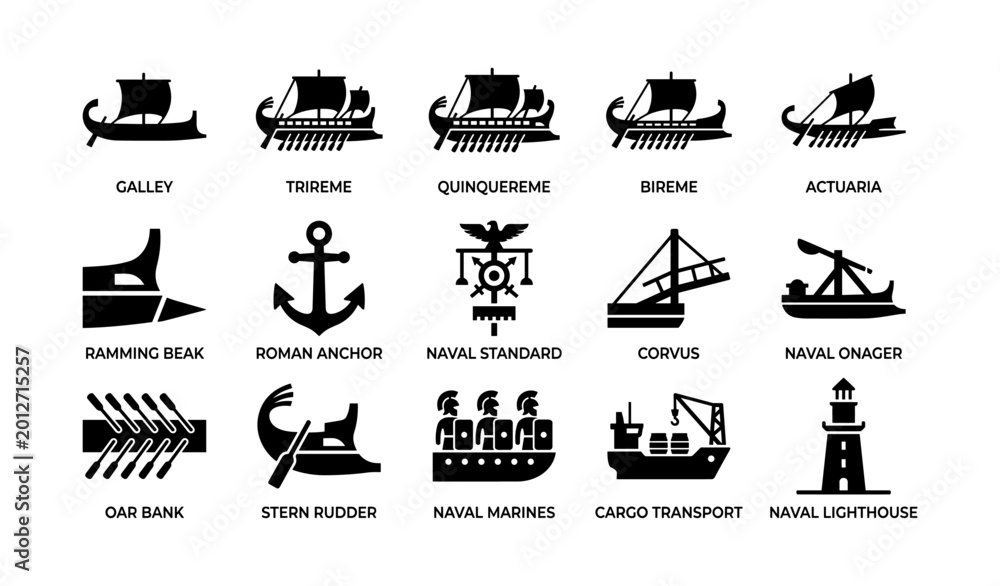 Naklejka premium Naval and ship icons arranged in a grid on white background
