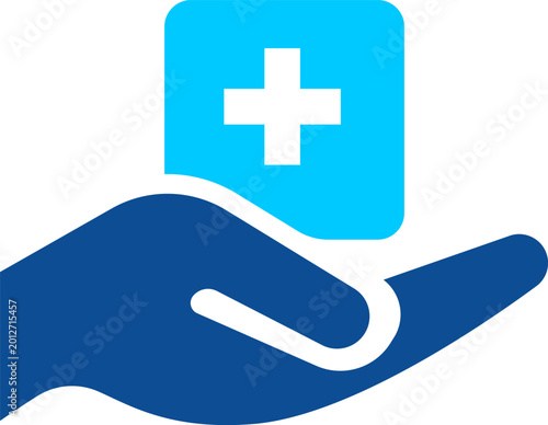 Modern healthcare support icon with medical cross symbol and helping hand illustration design