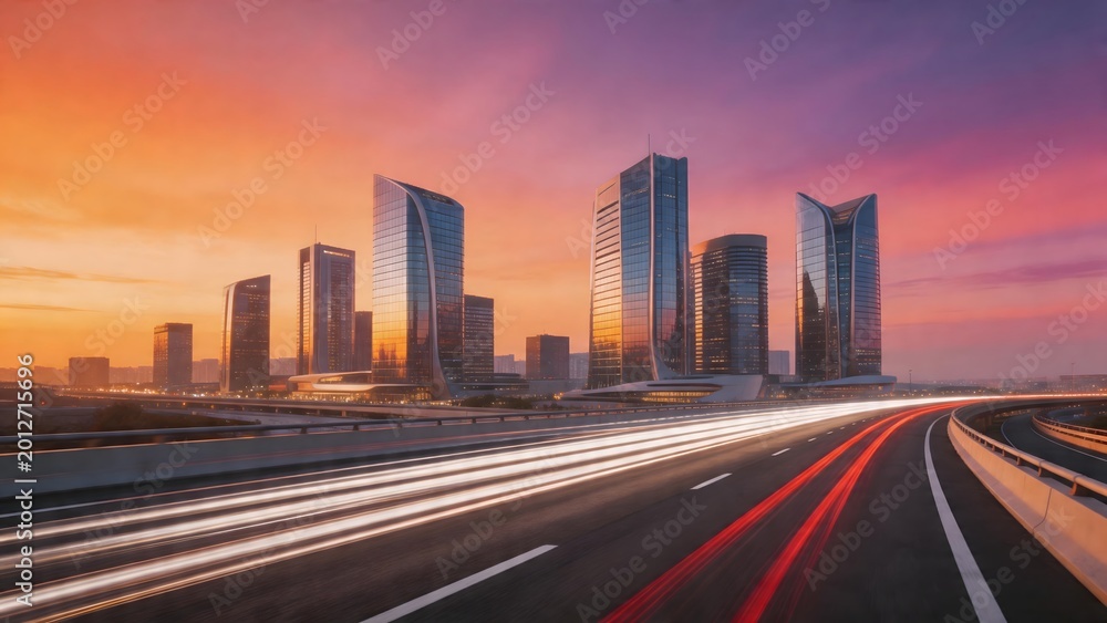 Fototapeta premium City skyline with highway at sunset