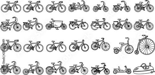 Billede på lærred Black  White Line Art Hand Drawn Bicycle Collection: Diverse Recreation, Sport,
