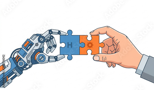 Billede på lærred Robot and human hands joining puzzle pieces teamwork integration vector illustra