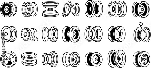 Photos Black  White Line Art Collection of Yoyo Toys - Hand-drawn Outline Set for Games