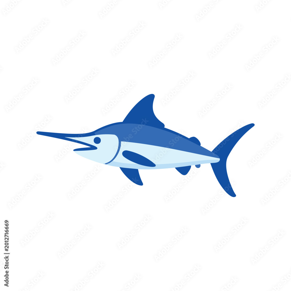 Obraz premium Stylized blue marlin with long pointed bill and prominent dorsal fin swims alone
