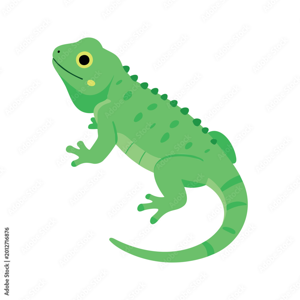 Fototapeta premium Cartoon illustration of a green lizard with a striped tail on a white background