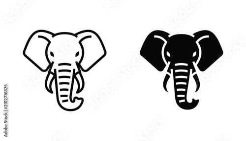Elephant head icon set displaying detailed outline and bold black silhouette versions for wildlife conservation projects and nature branding