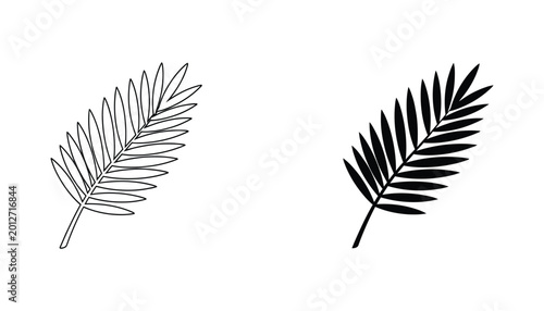 Tropical palm leaf icon set showing elegant outline and solid black silhouette for summer vacation themes and botanical graphic design