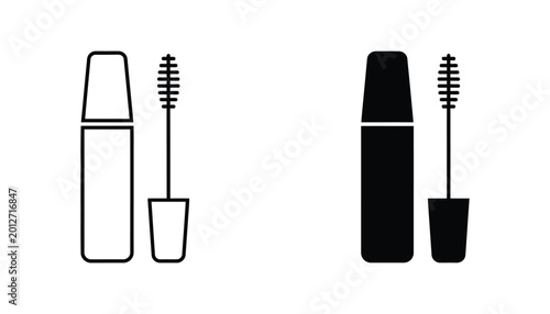 Mascara tube and wand icon set featuring sleek outline and solid black silhouette for beauty industry branding and cosmetic product design