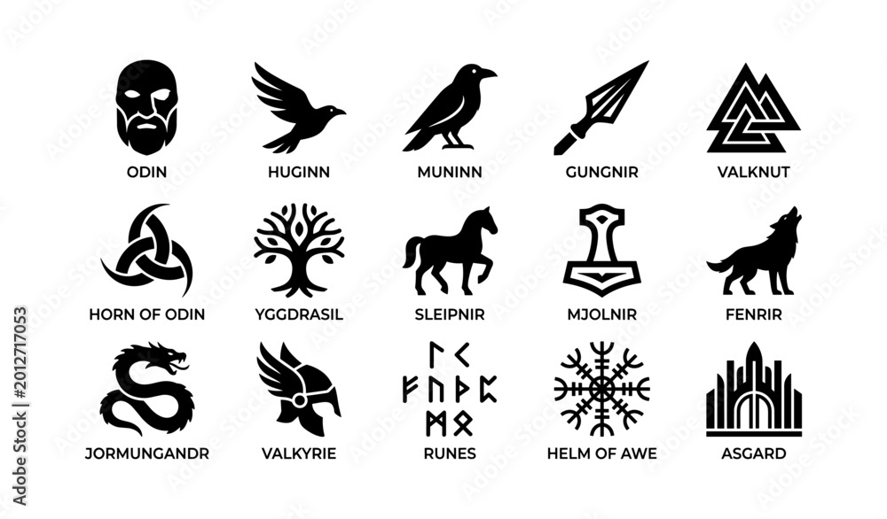 Obraz premium Norse myth icons showing odin symbols and legendary figures grid