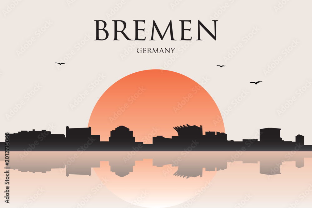 Obraz premium Minimalist contemporary Japanese-style drawing of a half sun skyline with water reflection poster panorama of BREMEN, GERMANY