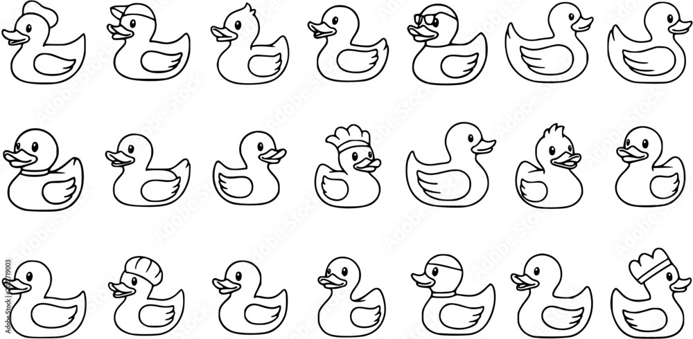 Fototapeta premium Black and White Line Art of Various Cute Cartoon Ducks, Vector Illustration