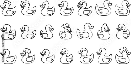 Foto Black and White Line Art of Various Cute Cartoon Ducks, Vector Illustration