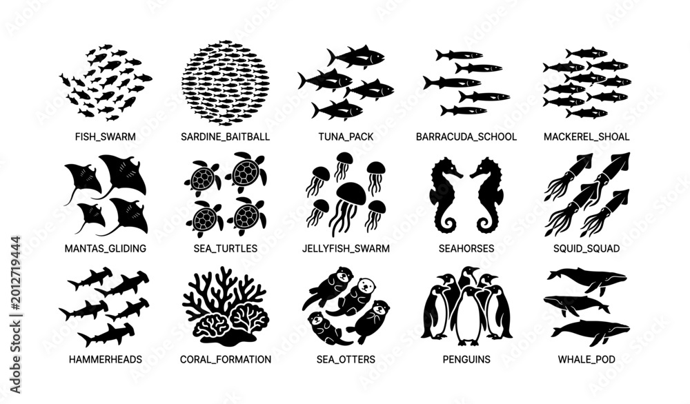 Obraz premium Marine animal group silhouettes arranged in labeled grid