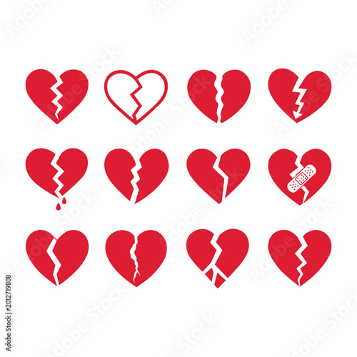 Foto Set of 12 red broken heart icons in various styles