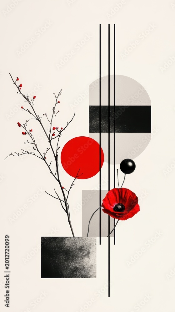 Fototapeta premium Minimalist abstract art composition featuring red poppy flower botanical elements and geometric shapes in bold black lines