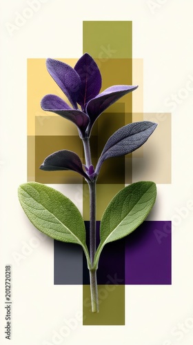 A beautiful purple and green plant centered on a colorful layered background of geometric rectangles