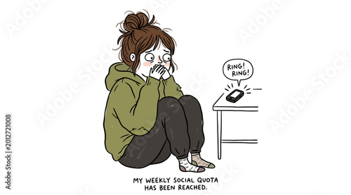 Obraz na płótnie Illustration of woman sitting on floor overwhelmed by phone calls representing reached social quota limit