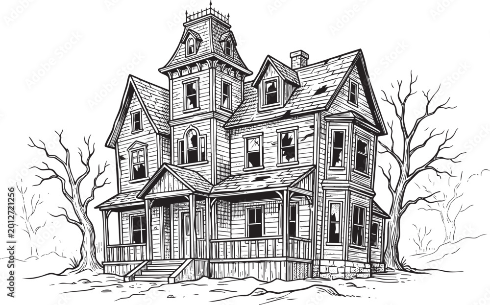 Fototapeta premium Haunted halloween house engraving illustration, hand-drawn vector sketch of a spooky abandoned mansion with dead trees.