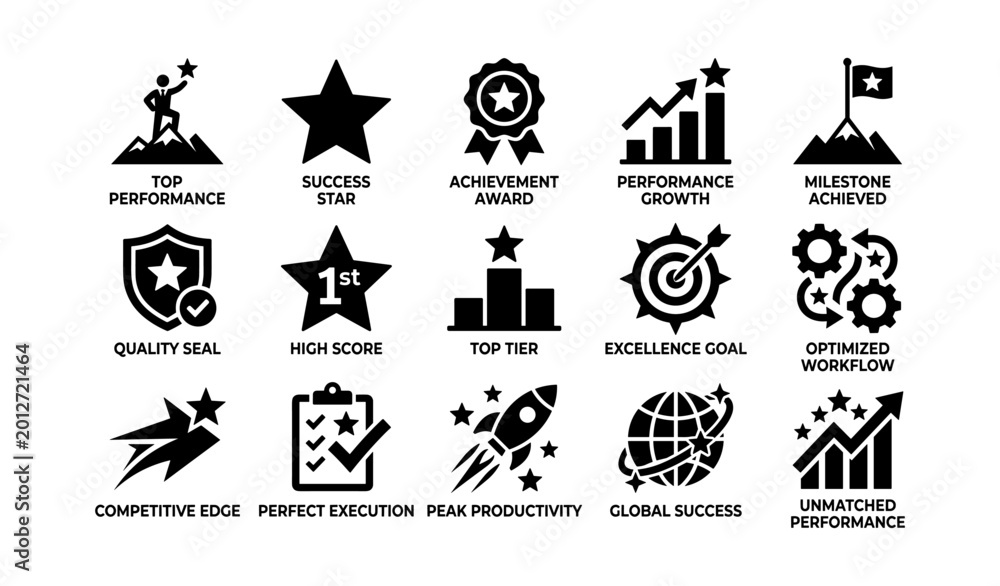 Fototapeta premium Achievement icons arranged in labeled grid on white background
