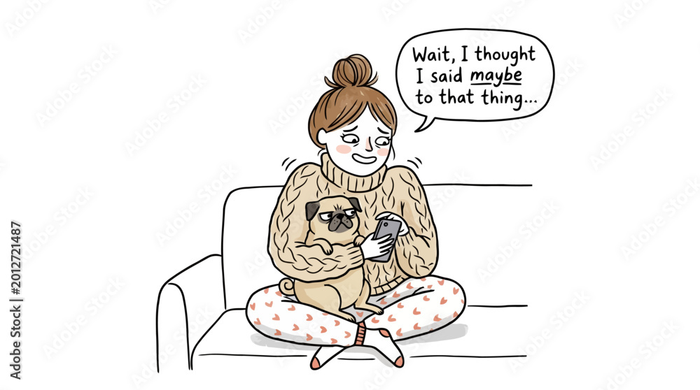 Fototapeta premium Woman sitting on sofa with pug dog regretting social plans.