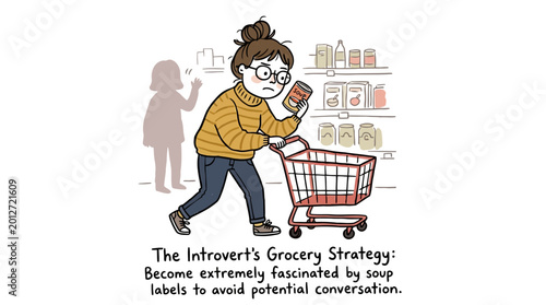 Tableau sur toile Introvert grocery shopping strategy avoiding conversation by studying soup labels