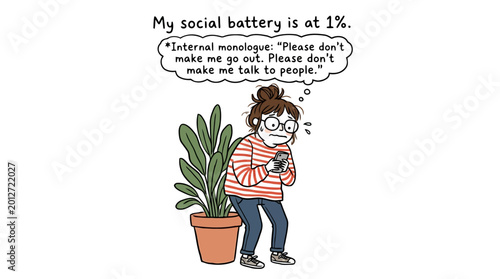 Schilderij op canvas Stressed woman with low social battery hiding behind plant with phone