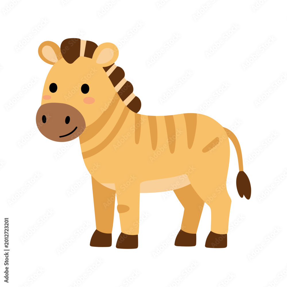 Fototapeta premium Cute cartoon zebra with a sweet smile standing calmly in a simple illustration