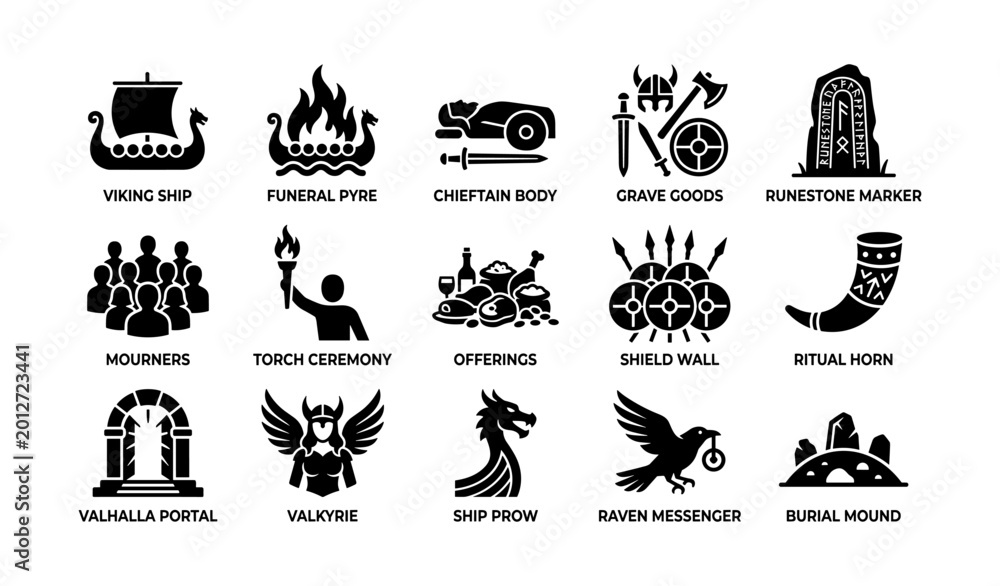 Fototapeta premium Viking burial and ritual icons arranged in grid on white background