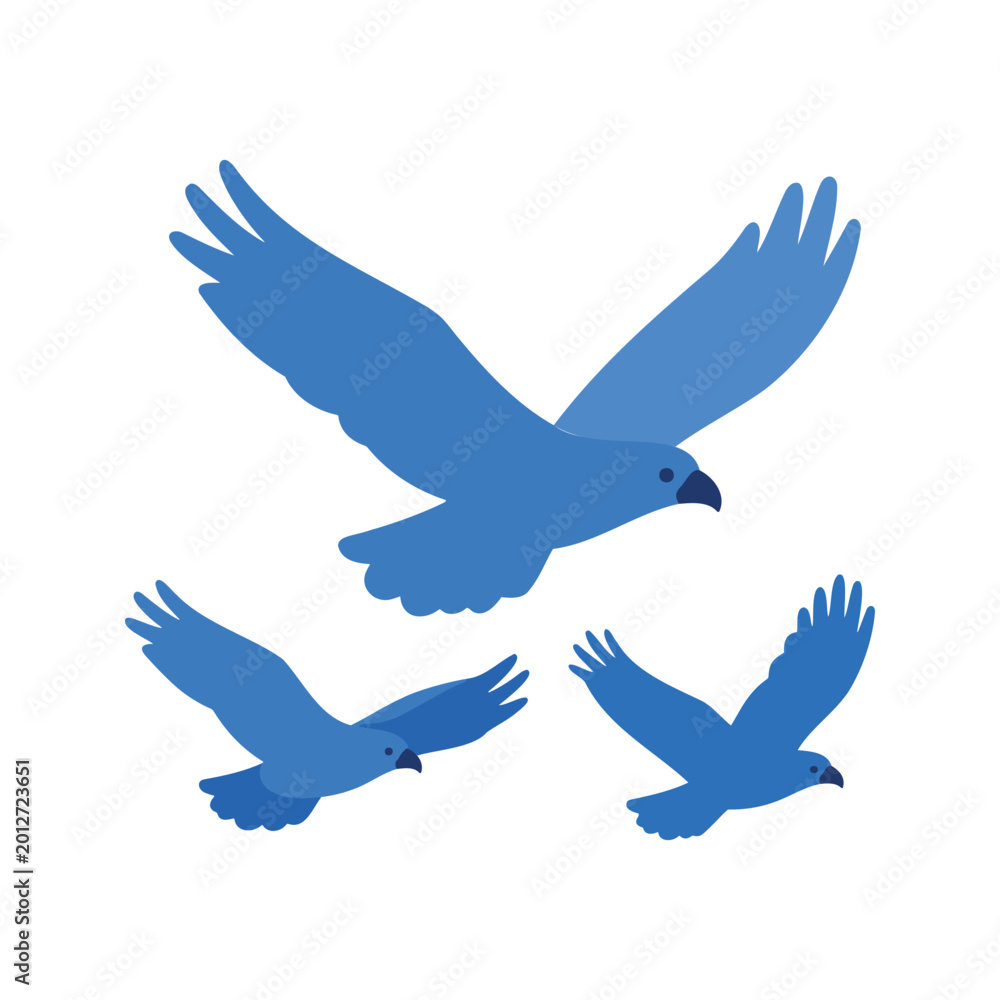 Fototapeta premium Three birds soar in formation against a crisp white background, their blue plumage vibrant