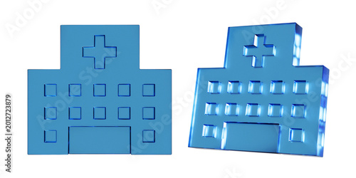 病院のフラットなアイコンの3Dイラスト。透明感のある青いガラスのような質感のマーク。半透明なアクリルで切り出したようなクリアなアイコン。Clean-looking icons suitable for business and UI. Liquid glass