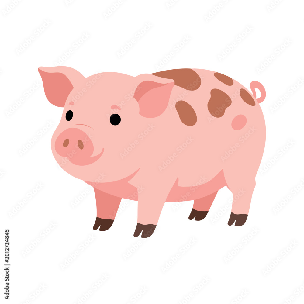 Fototapeta premium Illustration of a cute piglet standing with a curly tail and brown spots