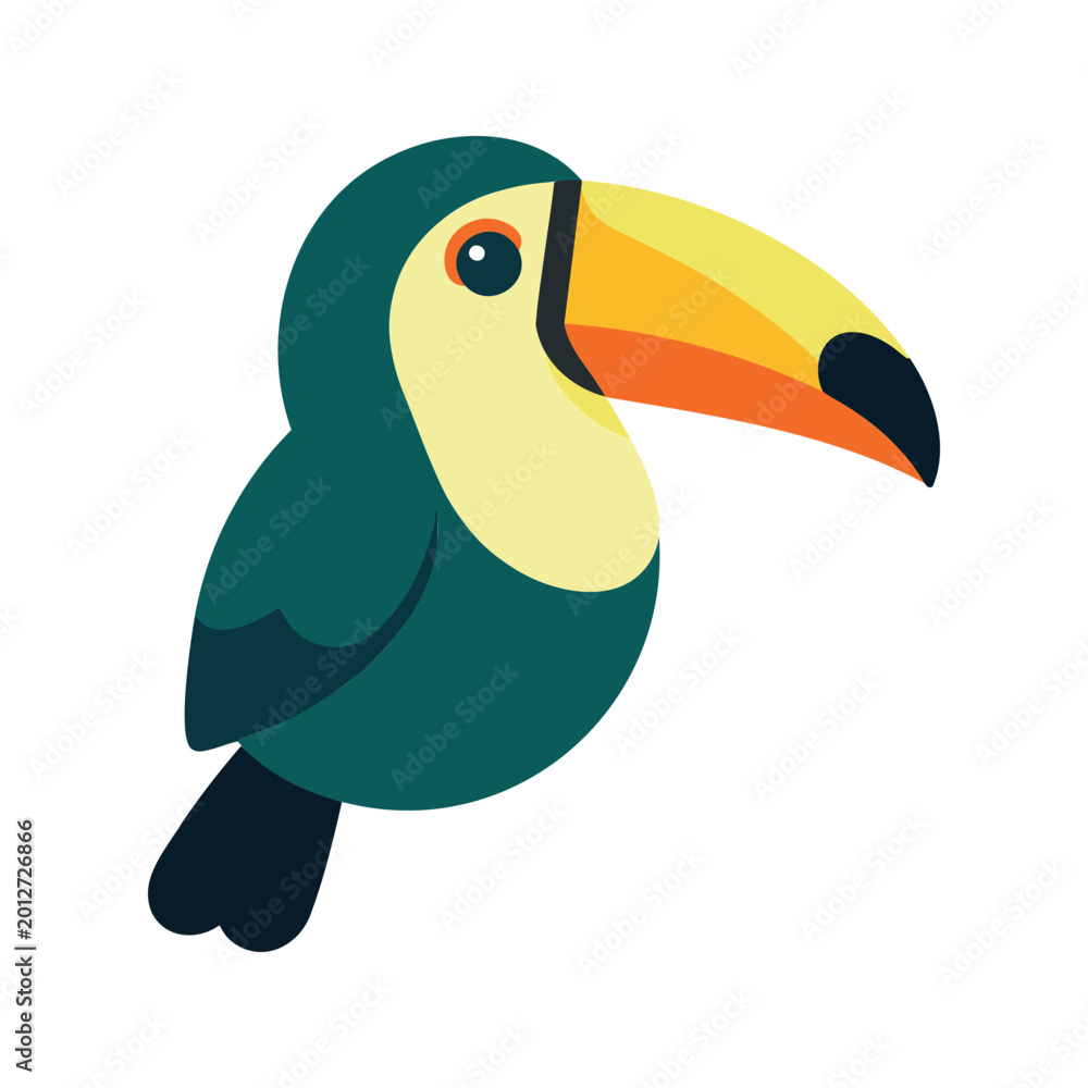 Fototapeta premium Colorful cartoon toucan with yellow and orange beak on a white background