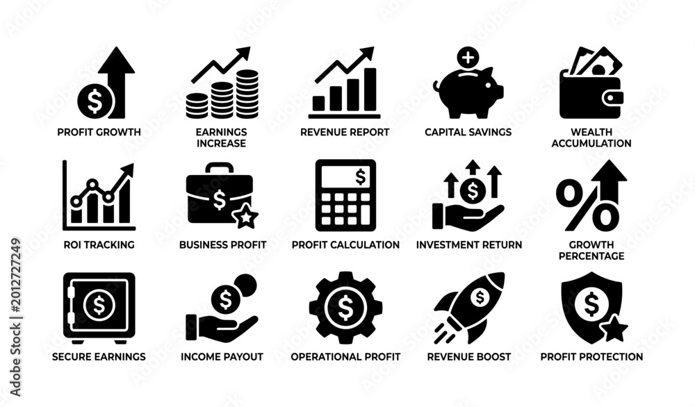 Fototapeta premium Icons of profit growth and financial metrics on white background