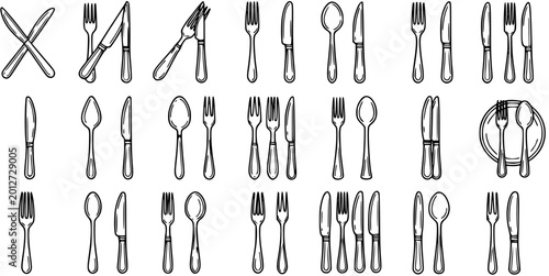 Foto Food and Dining Cutlery Utensils Vector Set - Hand-Drawn Black and White Line Ar